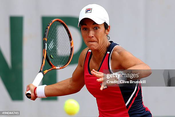 Silvia Soler Espinosa of Spain returns a shot during her women's singles match against Chanelle Scheepers of South Africa on day three of the French...