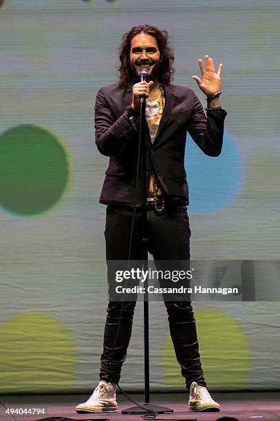 Russell Brand performs during his Trew World Order tour at Qantas Credit Union Arena on October 24, 2015 in Sydney, Australia.