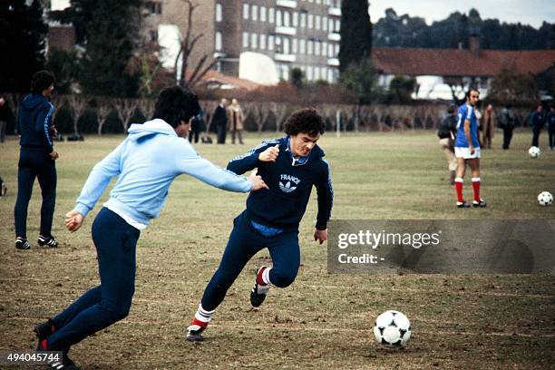 France's national football team players are pictured during a training session, on June 1978 prior to the 1978 World Cup in Argentina. AFP PHOTO