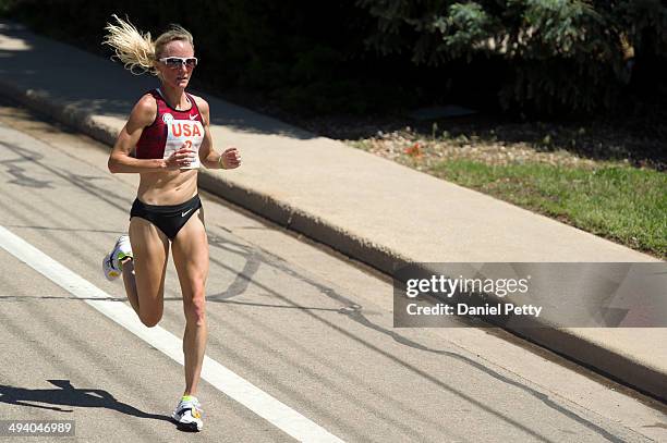 American Shalane Flanagan races in second place during the 2014 BolderBoulder 10K on May 26 in Boulder, Colorado. Flanagan finished second in 33...