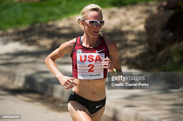 American Shalane Flanagan races in second place during the 2014 BolderBoulder 10K on May 26 in Boulder, Colorado. Flanagan finished second in 33...