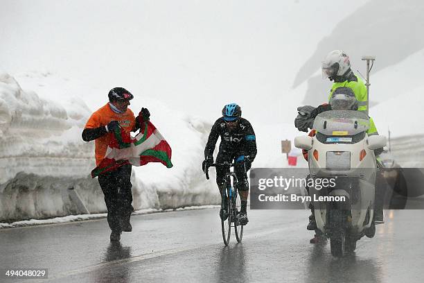 Dario Cataldo of Italy and Team SKY climbs towards the top of the Stelvio Pass during the sixteenth stage of the 2014 Giro d'Italia, a 139km high...