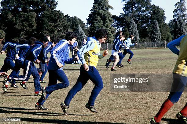 France's national football team players are pictured during a training session, on June 1978 prior to the 1978 World Cup in Argentina. At left,...