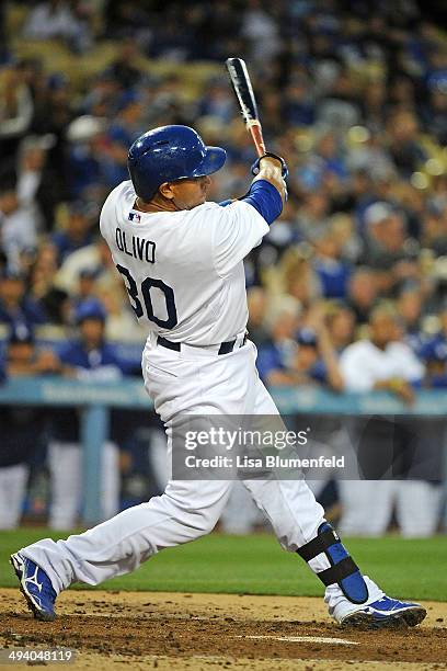 Miguel Olivo of the Los Angeles Dodgers bats against the San Francisco Giants at Dodger Stadium on May 9, 2014 in Los Angeles, California.