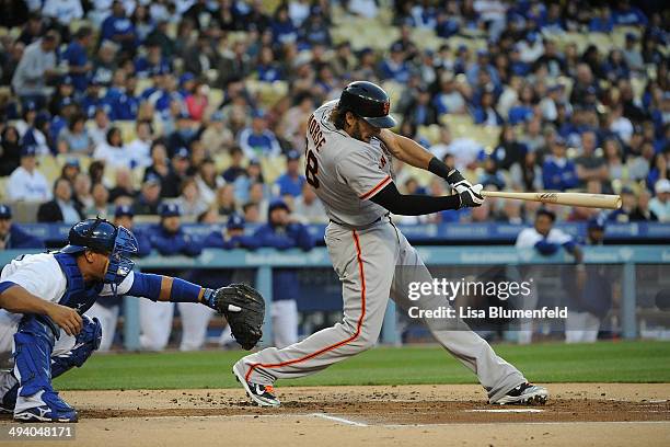 Michael Morse of the San Francisco Giants bats against the Los Angeles Dodgers at Dodger Stadium on May 9, 2014 in Los Angeles, California.