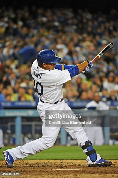 Miguel Olivo of the Los Angeles Dodgers bats against the San Francisco Giants at Dodger Stadium on May 9, 2014 in Los Angeles, California.