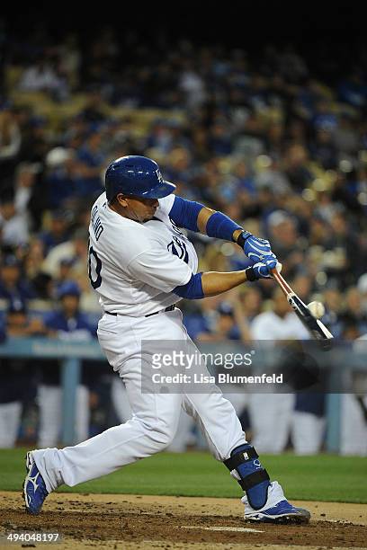 Miguel Olivo of the Los Angeles Dodgers bats against the San Francisco Giants at Dodger Stadium on May 9, 2014 in Los Angeles, California.