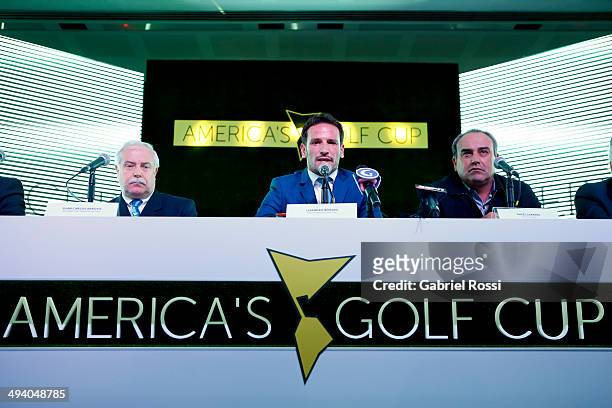 Sports Secretary of Pilar Juan Carlos Arroyo, CEO of America's Golf Cup Lisandro Borges and PGA Tour player Angel Cabrera attend a press conference...