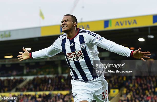 Salomon Rondon of West Bromwich Albion celebrates scoring his team's first goal during the Barclays Premier League match between Norwich City and...