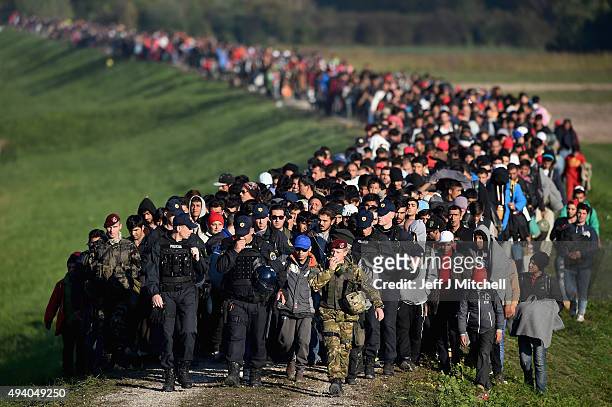 Migrants are escorted through fields by police and the army as they are walked from the village of Rigonce to Brezice refugee camp on October 24,...