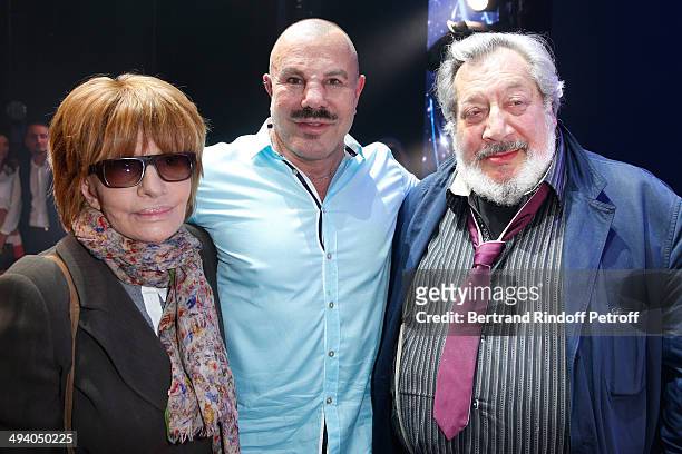 Nadine Trintignant, Thierry Mugler and Jean-Claude Dreyfus attend the 'Mugler Follies' 100th Edition at Le Comedia in Paris on May 26, 2014 in Paris,...