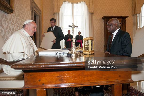 Pope Francis receives in audience the president of the Republic of Angola, Jose Eduardo Dos Santos at the Apostolic Palace on May 2, 2014 in Vatican...