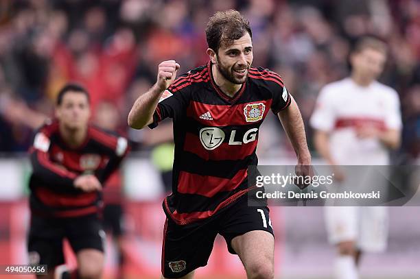 Admir Mehmedi of Bayer Leverkusen celebrates as he scores his team's fourth goal during the Bundesliga match between Bayer Leverkusen and VfB...