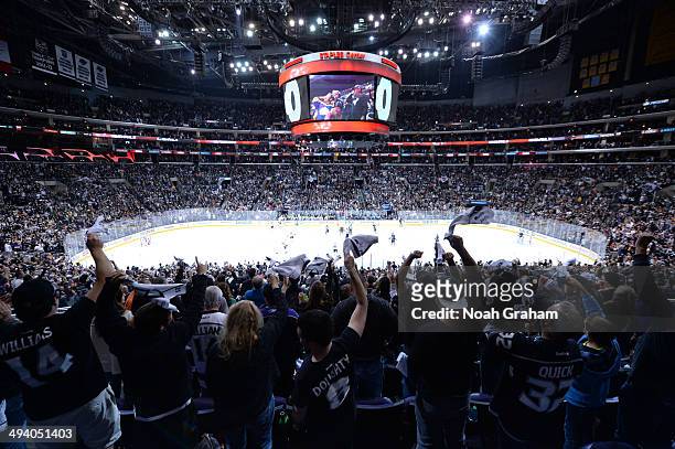 Los Angeles Kings fans celebrate a goal against the Chicago Blackhawks in Game Three of the Third Round of the 2014 Stanley Cup Playoffs at Staples...