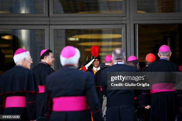 Cardinals and bishops arrive at the closing session of the Synod on the themes of family the at Synod Hall on October 24, 2015 in Vatican City,...