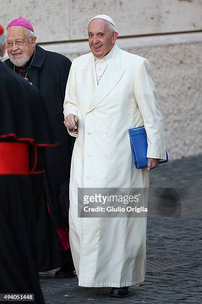 Pope Francis arrives at the closing session of the Synod on the themes of family the at Synod Hall on October 24, 2015 in Vatican City, Vatican....