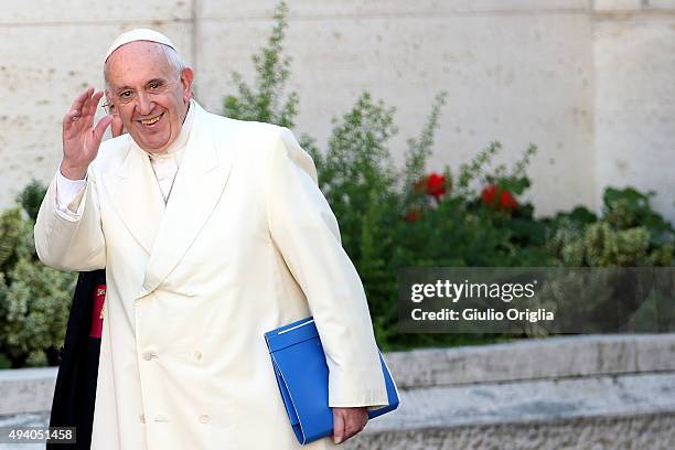 Pope Francis arrives at the closing session of the Synod on the themes of family the at Synod Hall on October 24, 2015 in Vatican City, Vatican....