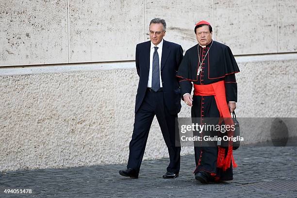 Vatican Secretary of State Cardinal Norberto Rivera Carrera arrives at the closing session of the Synod on the themes of family the at Synod Hall on...