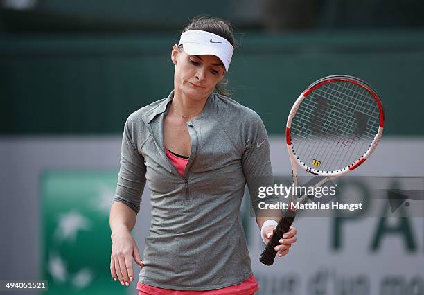 Iveta Melzer of Czech Republic reacts during her women's singles match against Coco Vandeweghe of the United States on day three of the French Open...