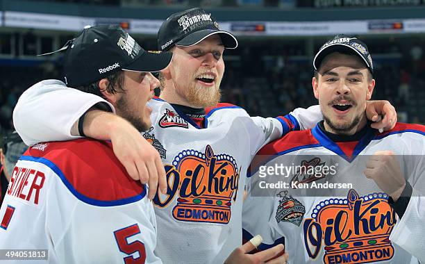 Henrik Samuelsson of the Edmonton Oil Kings enloys the victory against the Guelph Storm in the final of the 2014 MasterCard Memorial Cup at Budweiser...