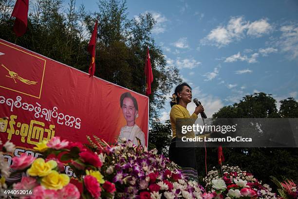 Aung Sun Suu Kyi, leader of Myanmar's National League for Democracy Party, campaigns in her constituency on October 24, 2015 in Kawhmu, Myanmar. Suu...