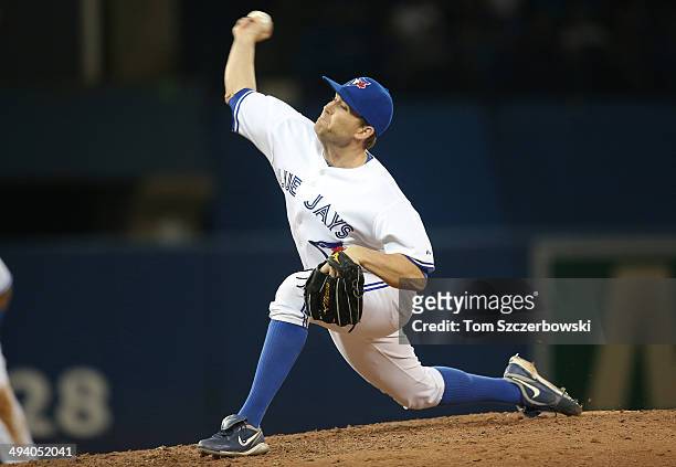 Casey Janssen of the Toronto Blue Jays delivers a pitch in the ninth inning during MLB game action against the Los Angeles Angels of Anaheim on May...