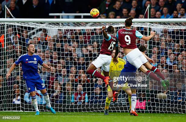 Andy Carroll of West Ham United scores his team's second goal during the Barclays Premier League match between West Ham United and Chelsea at Boleyn...