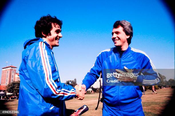 French midfielder Michel Platini shakes hands with Italian player Roberto Bettega prior to the 1978 World Cup in Argentina, on June 1978. AFP PHOTO /...