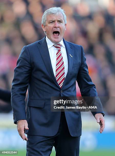 Mark Hughes the head coach / manager of Stoke City reacts during the Barclays Premier League match between Stoke City and Watford at Britannia...