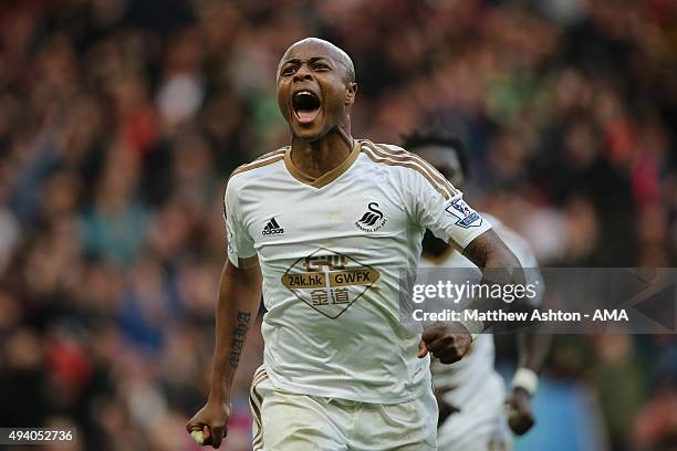 Andre Ayew of Swansea City celebrates after scoring a goal to make it 1-2 during the Barclays Premier League match between Aston Villa and Swansea...