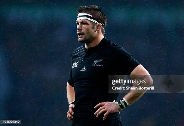 Captain Richie McCaw of the New Zealand All Blacks stands with his hands on his hips during the 2015 Rugby World Cup Semi Final match between South...