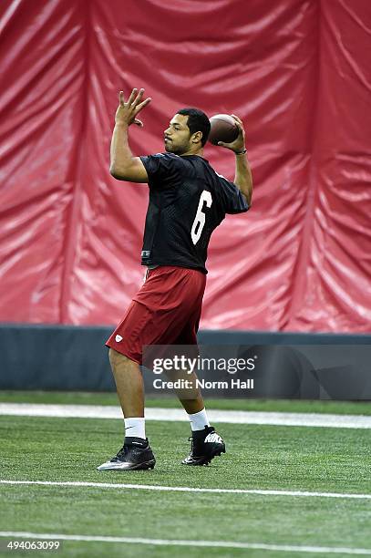 Logan Thomas of the Arizona Cardinals participates in drills during a Rookie Minicamp practice on May 23, 2014 in Tempe, Arizona.