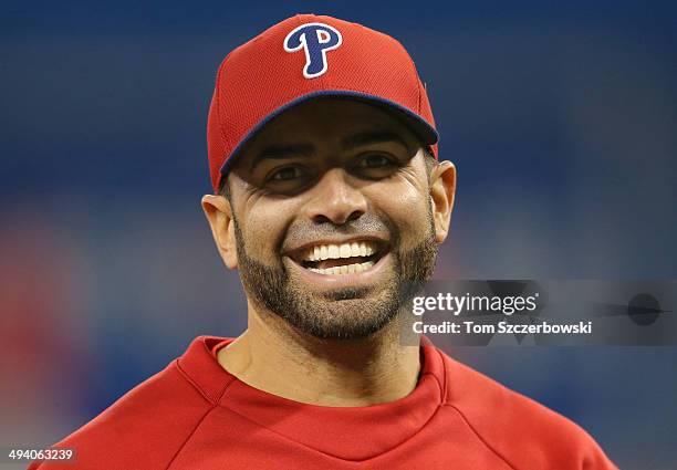 Wil Nieves of the Philadelphia Phillies warms up during batting practice before the start of MLB game action against the Toronto Blue Jays on May 8,...