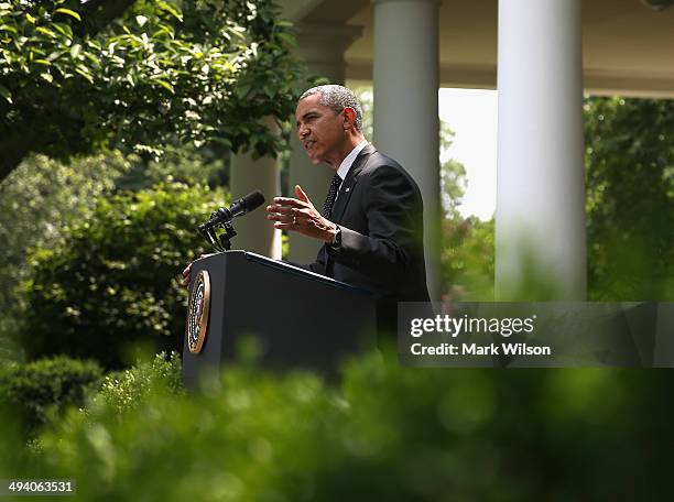 President Barack Obama speaks to the media about removing troops Afghanistan, in the Rose Garden at the White House, May 27, 2014 in Washington, DC....