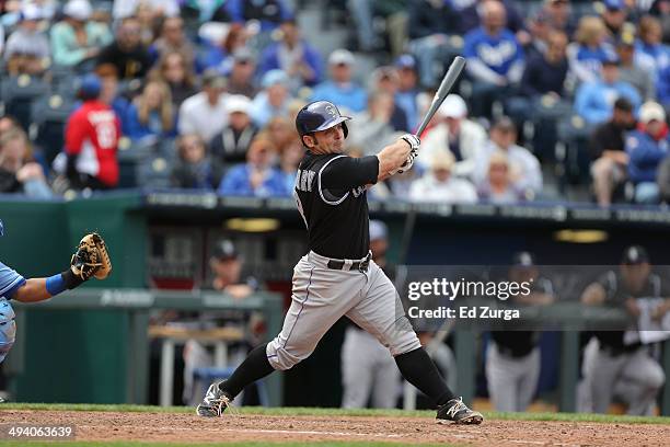 Michael McKenry of the Colorado Rockies bats against the Kansas City Royals at Kauffman Stadium on May 14, 2014 in Kansas City, Missouri.