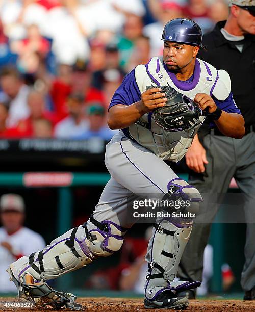 Wilin Rosario of the Colorado Rockies in action against the Philadelphia Phillies in a game at Citizens Bank Park on May 26, 2014 in Philadelphia,...