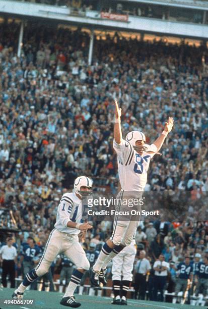 Jim O'Brien of the Baltimore Colts celebrates after making the go ahead field goal against the Dallas Cowboys during Super Bowl V on January 17, 1971...