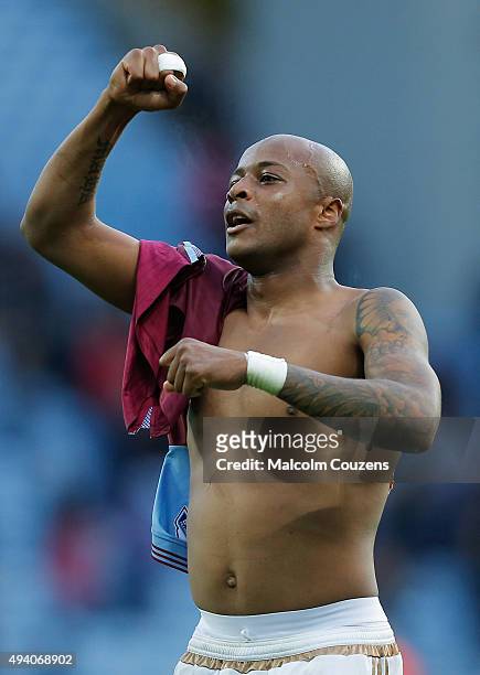 Andre Ayew of Swansea City celebrates his team's 2-1 win in the Barclays Premier League match between Aston Villa and Swansea City at Villa Park on...