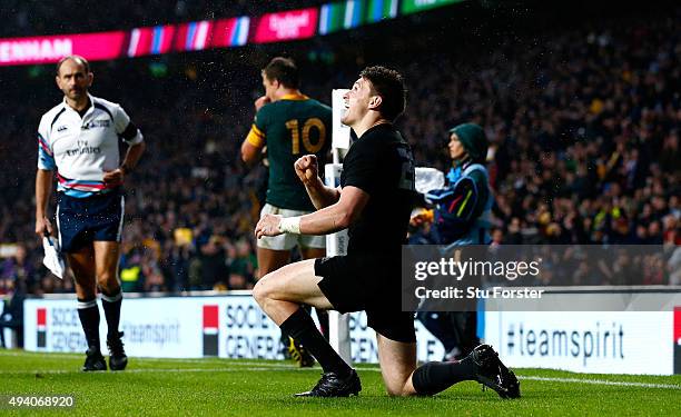 Beauden Barrett of the New Zealand All Blacks celebrates aftrer he scores the second New Zealand try during the 2015 Rugby World Cup Semi Final match...