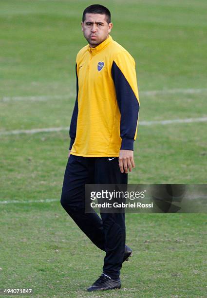 Juan Roman Riquelme of Boca Juniors looks on during a training session at Casa Amarilla on May 27, 2014 in Buenos Aires, Argentina.