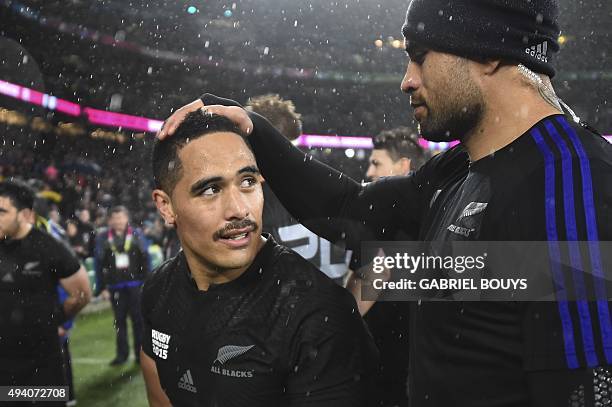 New Zealand's scrum half Aaron Smith celebrates after winning a semi-final match of the 2015 Rugby World Cup between South Africa and New Zealand at...