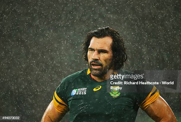Victor Matfield of South Africa stands dejected in the rain after the 2015 Rugby World Cup Semi Final match between South Africa and New Zealand at...