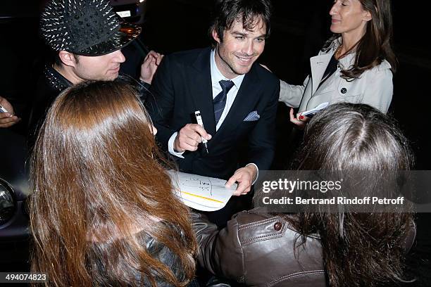 Ian Somerhalder signs autographs arriving at the 'Mugler Follies' 100th Edition at Le Comedia in Paris on May 26, 2014 in Paris, France.