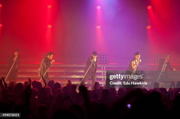 Joey McIntyre, Danny Wood, Jordan Knight, Jonathan Knight and Donnie Wahlberg of New Kids On The Block perform on stage at Eventim Apollo,...