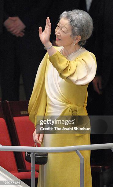 Empress Michiko waves to audience as she attends the charity concert 'Ikiru 2008' on July 15, 2008 in Tokyo, Japan.