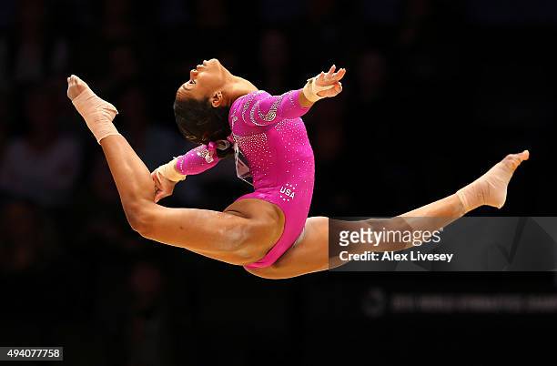 Gabrielle Douglas of USA competes on the Floor during Day Two of the 2015 World Artistic Gymnastics Championships at The SSE Hydro on October 24,...