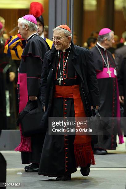 Cardinal Walter Kasper leaves the closing session of the Synod on the themes of family the at Synod Hall on October 24, 2015 in Vatican City,...
