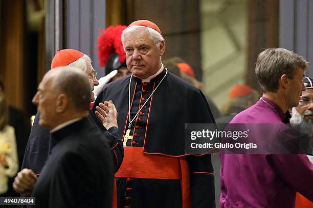 Cardinal Gerhard Ludwig Muller leaves the closing session of the Synod on the themes of family the at Synod Hall on October 24, 2015 in Vatican City,...