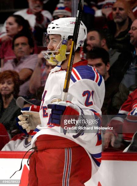 Derek Stepan of the New York Rangers celebrates his first period goal against the Montreal Canadiens during Game Five of the Eastern Conference Final...