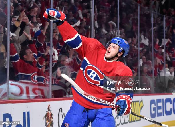 Alex Galchenyuk of the Montreal Canadiens celebrates after scoring the first goal against the New York Rangers in the first period in Game Five of...